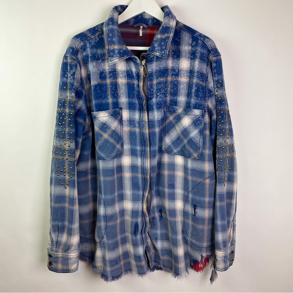Free People Distressed Flannel Shacket Jacket Raw Hem Size Large